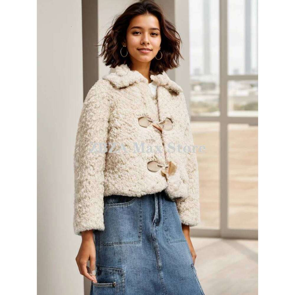 ZBZA Women's Thick Warm Lamb Jacket Solid Lapel Long Sleeved Single Breasted Pocket Faux Fur Outerwear Winter Female Chic Coat