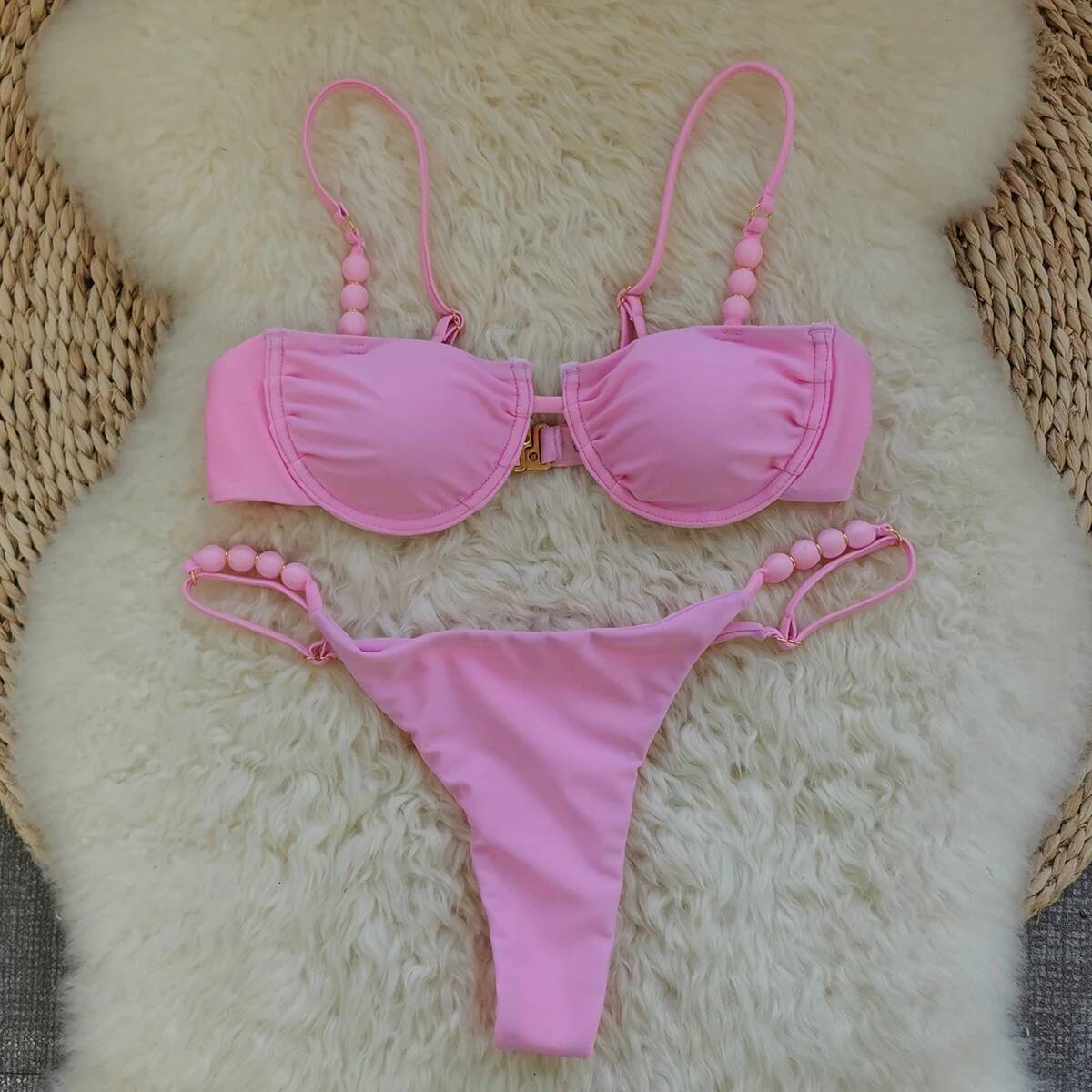 2025 Sexy Pink Bikini Set with Beaded Straps Perfect for Beachwear Pool Parties Special Ocns Stand Out This Summer