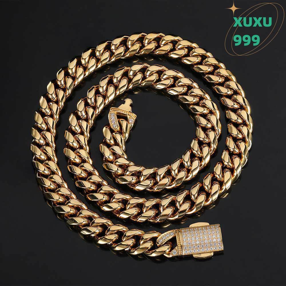 OACOCA Hip Hop Zircon 12mm Gold Plated Stainless Steel Necklace for Men Fashion Fine Jewelry Cuban Chain Necklaces for Women