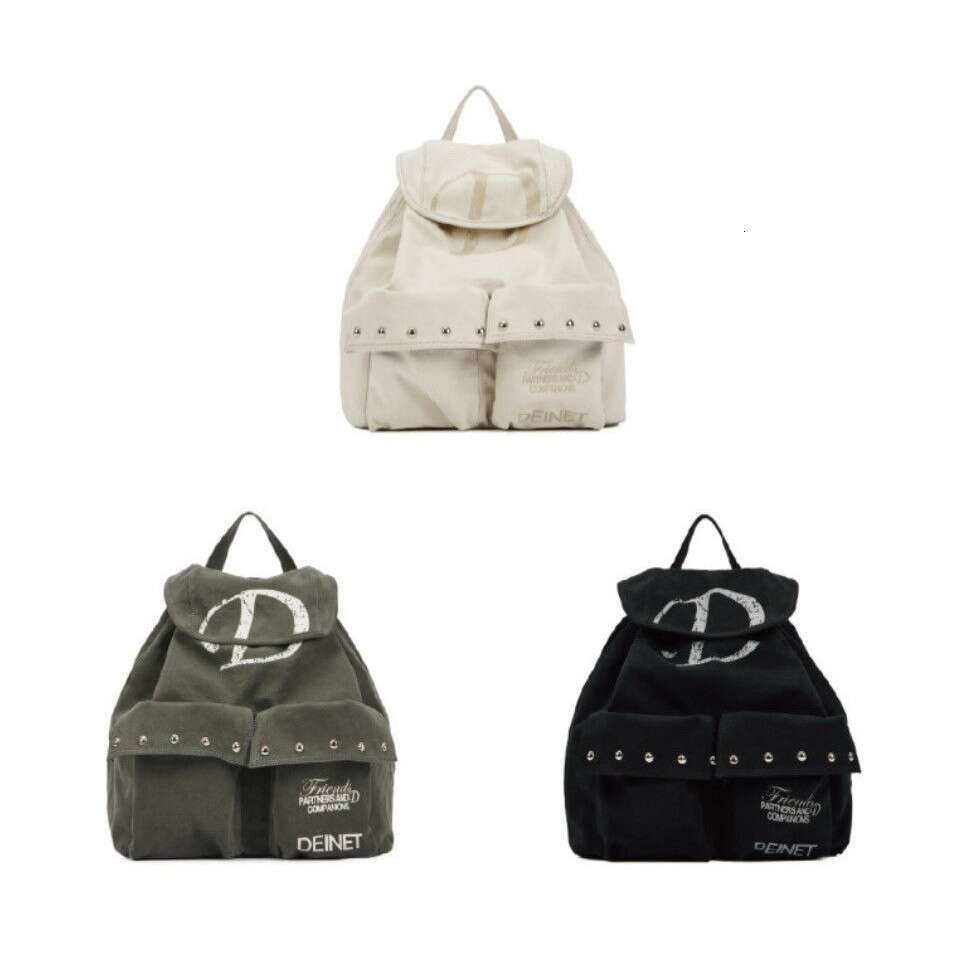 Korean Niche Brand Deinet D Letter Large Drawstring Pocket Rivet Canvas Backpack for Women