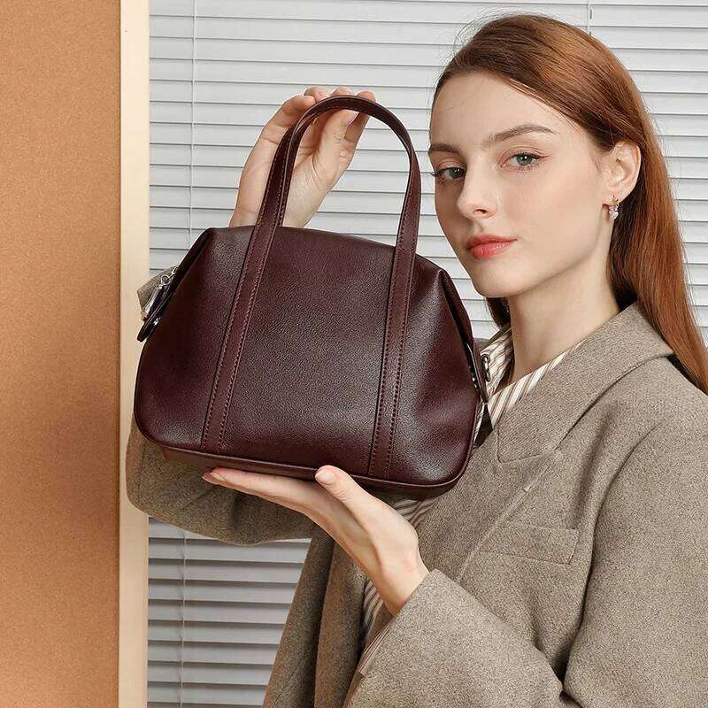 Women's 2025 New Fashion Simple Design Genuine Leather First Layer Cowhide Single Shoulder Boston Pillow Bag Hand Bag 2898