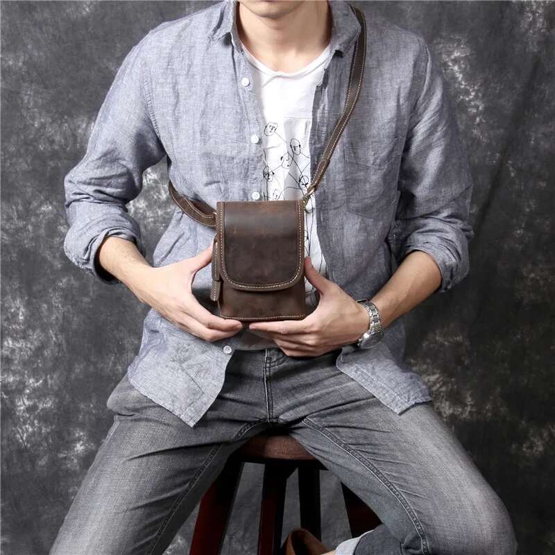 High quality simple crazy horse cowhide men's messenger casual vintage genuine leather small shoulder phone belt bag