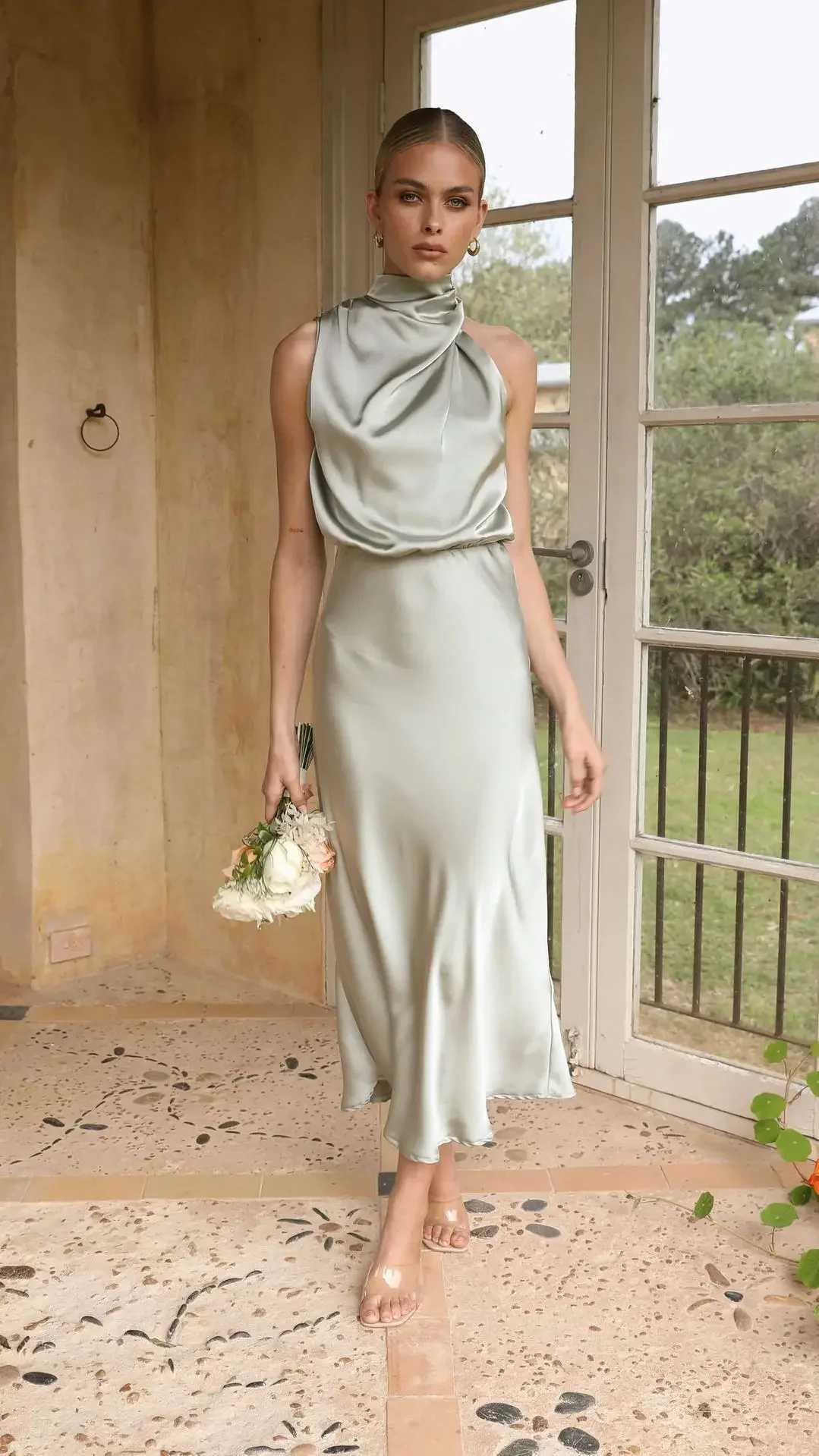 2025 Women Evening Dress Red Solid Satin Cold Shoulder Halter Sexy Dresses Female Party Elegant Club Skinny Clothes Ladies XJ250610