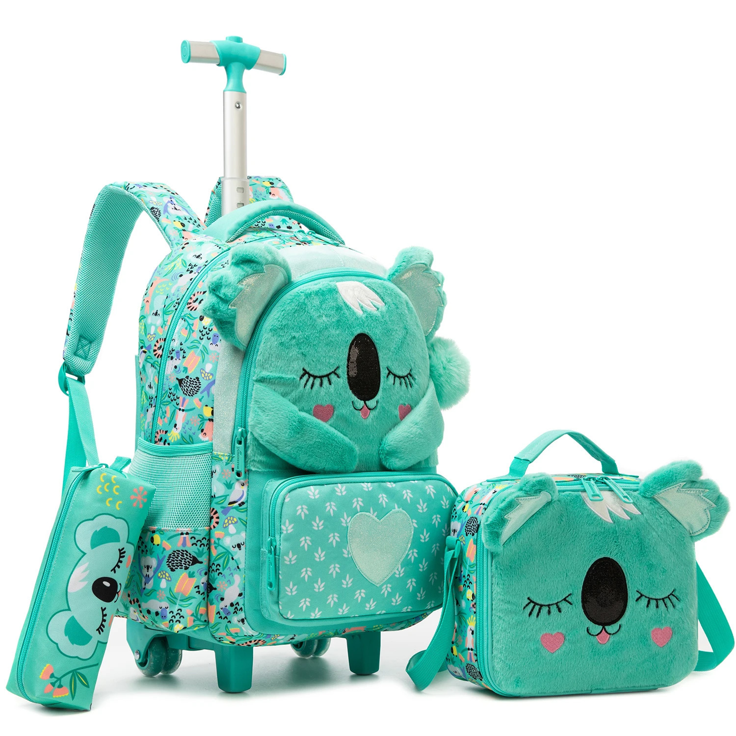 Girls Cute Rolling Backpack with Wheels 3pcs Set Roller Backpacks for Lunch Bag Wheeled Bookbag 250605