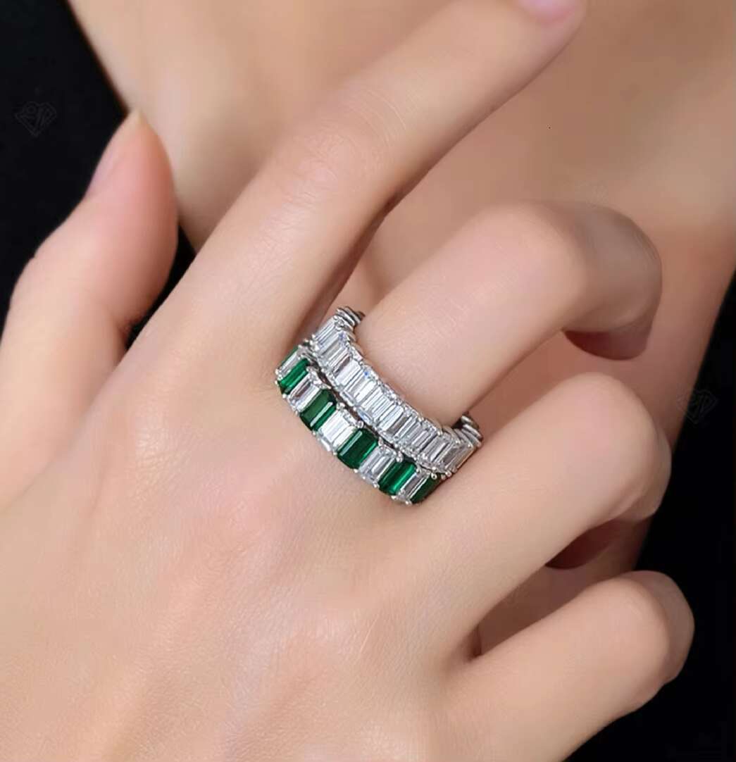 S925 Sterling Silver Full-Circle Ring with Princess-Cut Moissanite Diamonds Full-Circle Pave Set for Couples