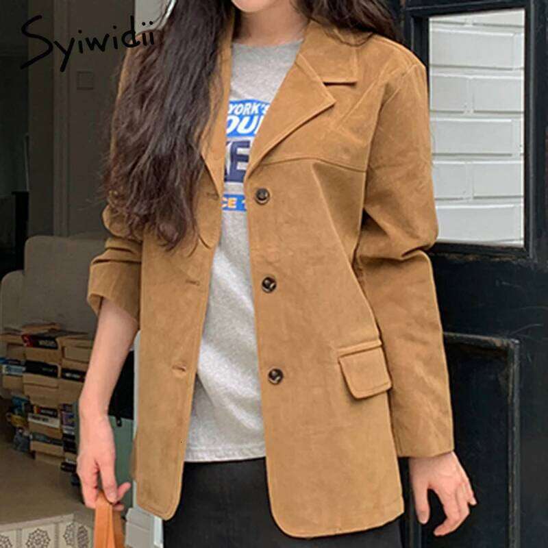 Syiwidii Fashion Women Blazers Casual Solid Lapel Single Breasted Coat 2024 Fall Winter Simple Retro Commuting Lady Outerwear