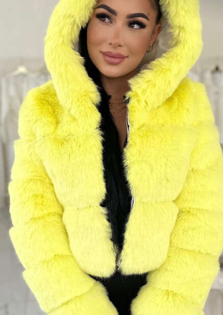 Short With Hood, Faux Fox Fur Long Sleeve Patchwork Women's Coat