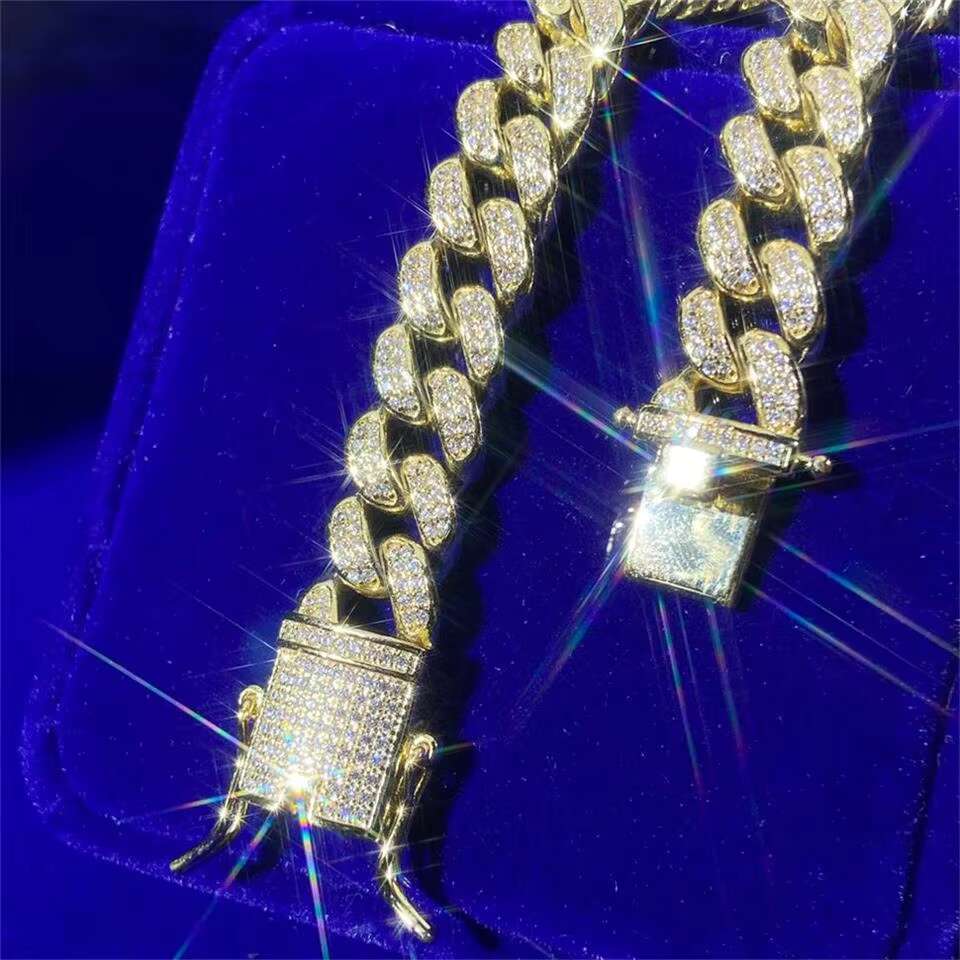 OACOCA Hip Hop Jewelry 10mm Gold Plated Iced Out VVS Moissanite Diamond 925 Sterling Silver Cuban Link Bracelets for Men