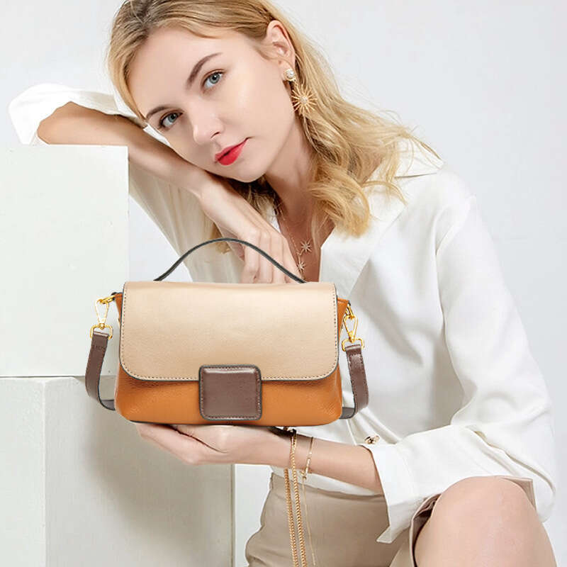 2025 New Top Layer Cowhide Women's Fashion Versatile Handbag Single Shoulder Crossbody Color Block Small Square Bag