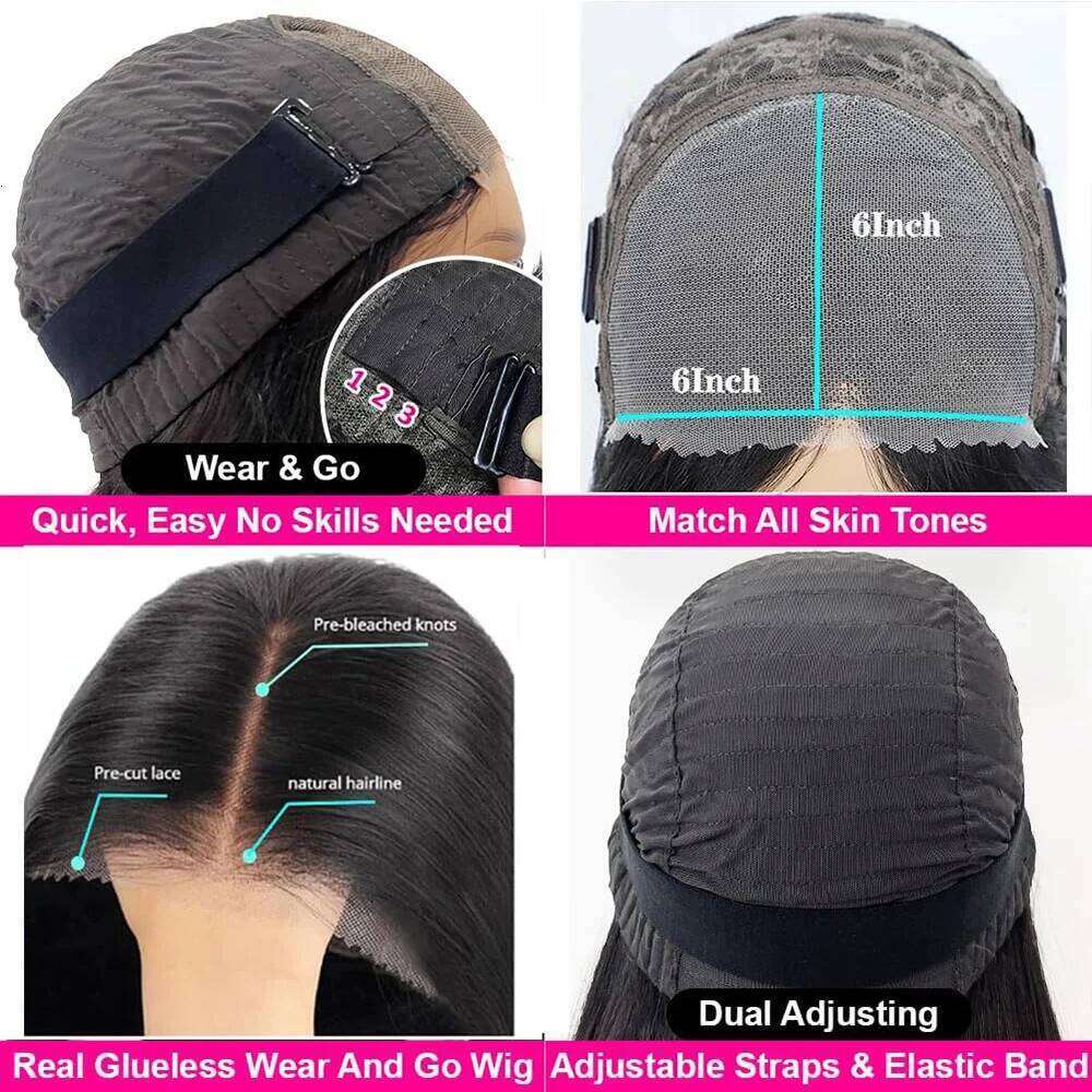 Bone Straight 100% 250 Density Human Hair Wigs For Women Pre cut Glueless 6X6 Lace Wig Wear an Go