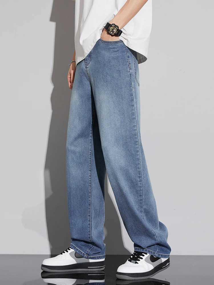 Summer Ultra-thin Lyocell Mens Jeans Soft Drape Loose Comfortable Wide-leg Ice Silk Pants Retro Elastic Casual Trousers M250610
