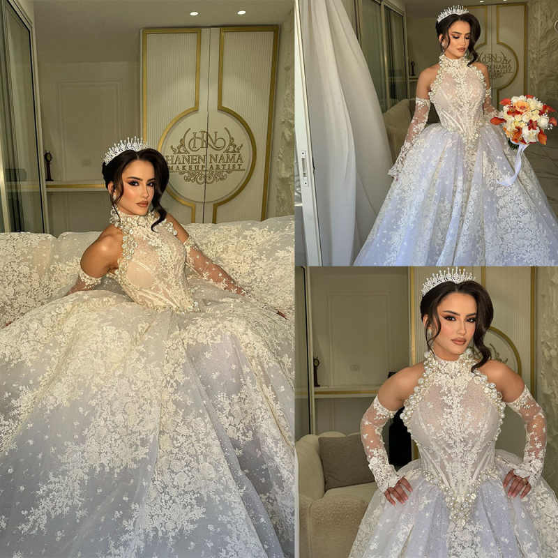 Gorgeous A Line Women Wedding Dress Halter Neck Removable Sleeves Bridal Gowns Pearls Crystal Lace Sweep Train Dress Custom Made vestidos de novia