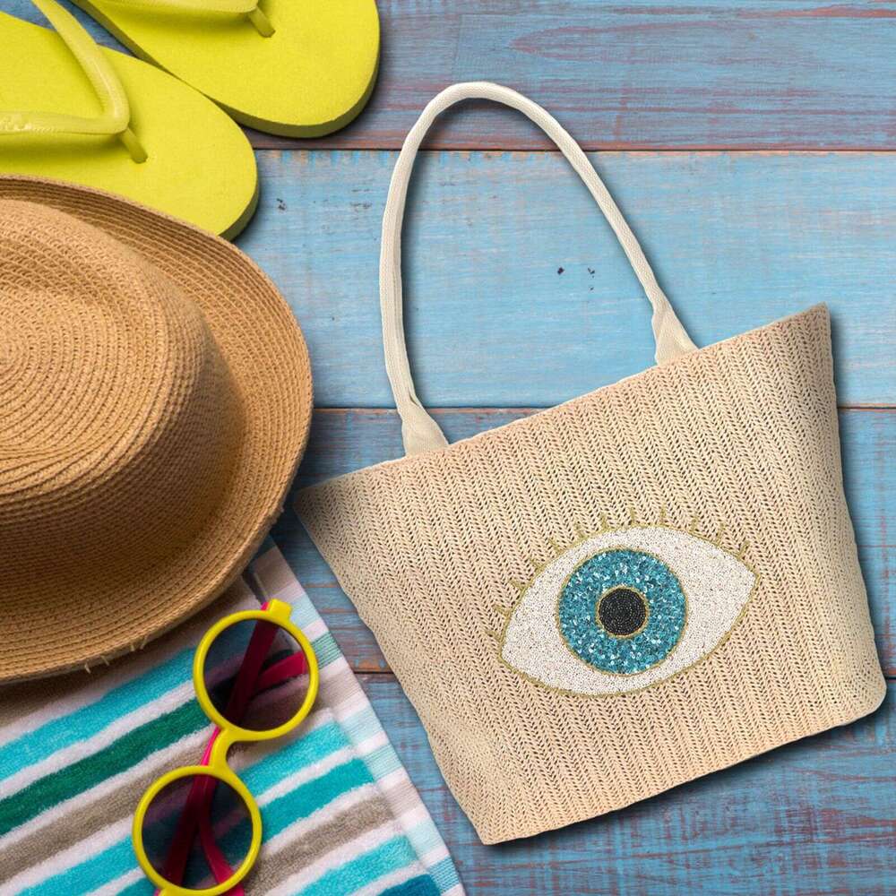 New Canvas Fashion Beach Niche Embroidered Eye Handheld Paper Straw Large Capacity Crossbody Bag
