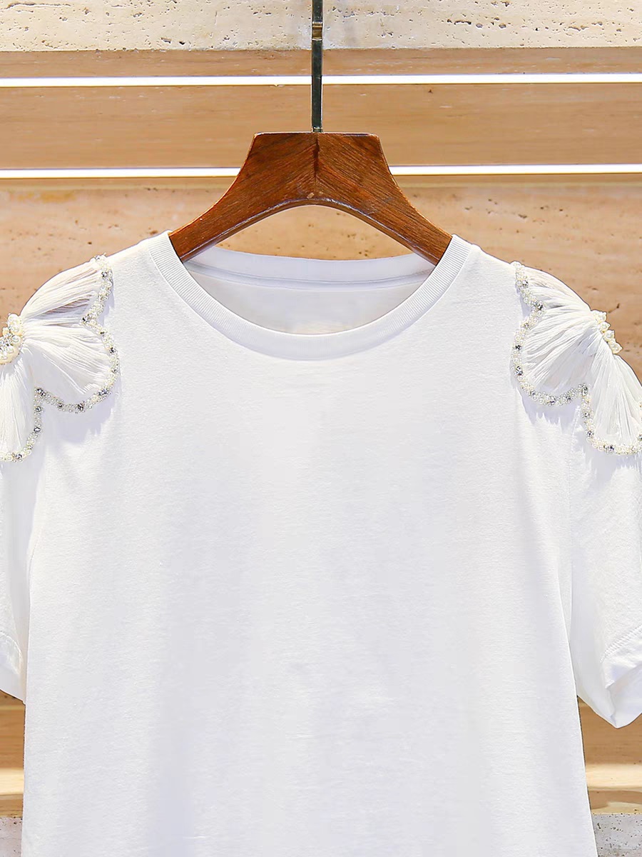 Women's Round Neck White Tshirt Shoulder Beading Diamond Flower Decoration T-Shirt Simple Lady Short Sleeve Tee Top
