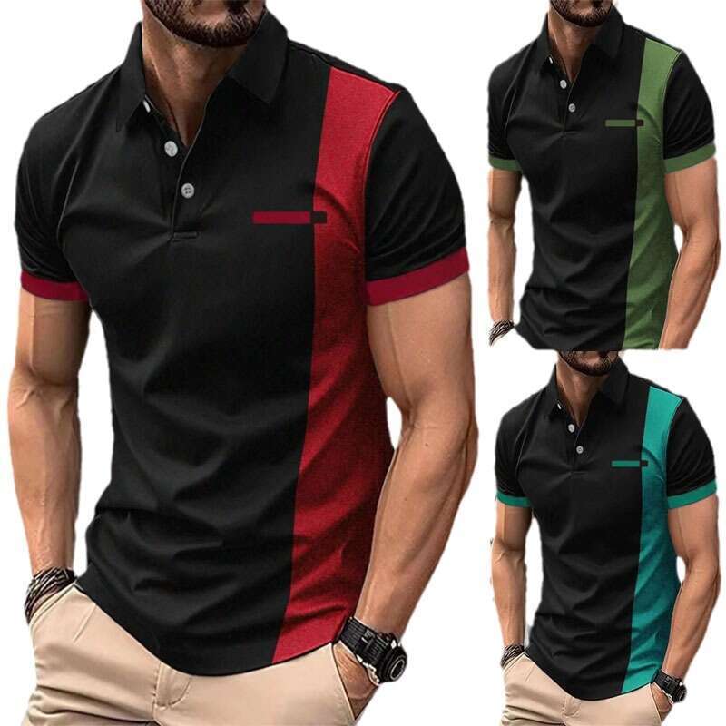 Ins Men's Summer Collar Striped Print Short Sleeve Polo Sports Shirt B5