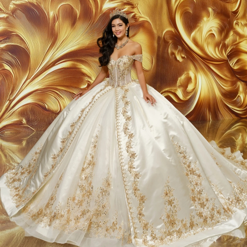 Ivory Quinceanera Dresses Ball Gown Off The Shoulder Applique Lace Beading Crystal Tull Sweet 16 Dress Vestidos 15 De Anos