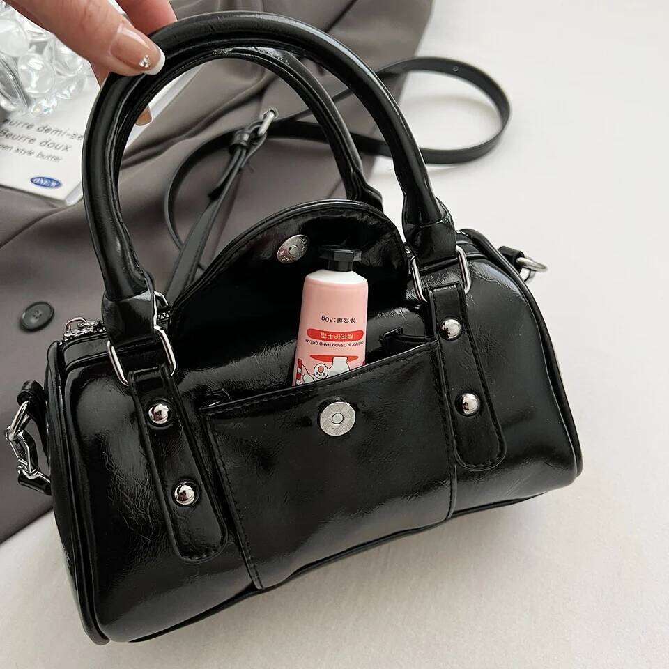 Mini Top-Handle For Women Bright Oil PU Leather Pure Color Shoulder Crossbody Bags 2025 Latest Designer Handbag Sac