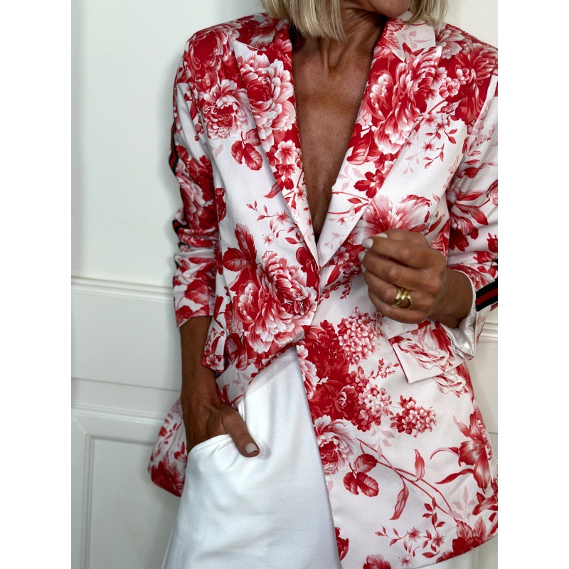 Ladies' stylish jacket small suit button up collar short sleeved long sleeved colorful print