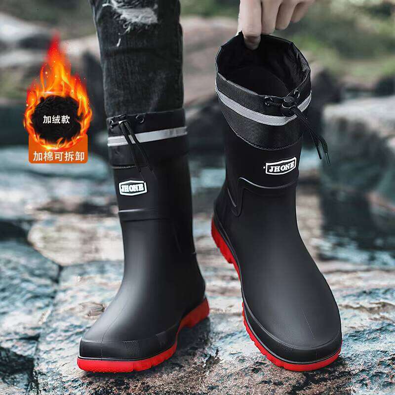 Wholesale Rain PVC Material High-top Waterproof Men Boots With Fleece Lining