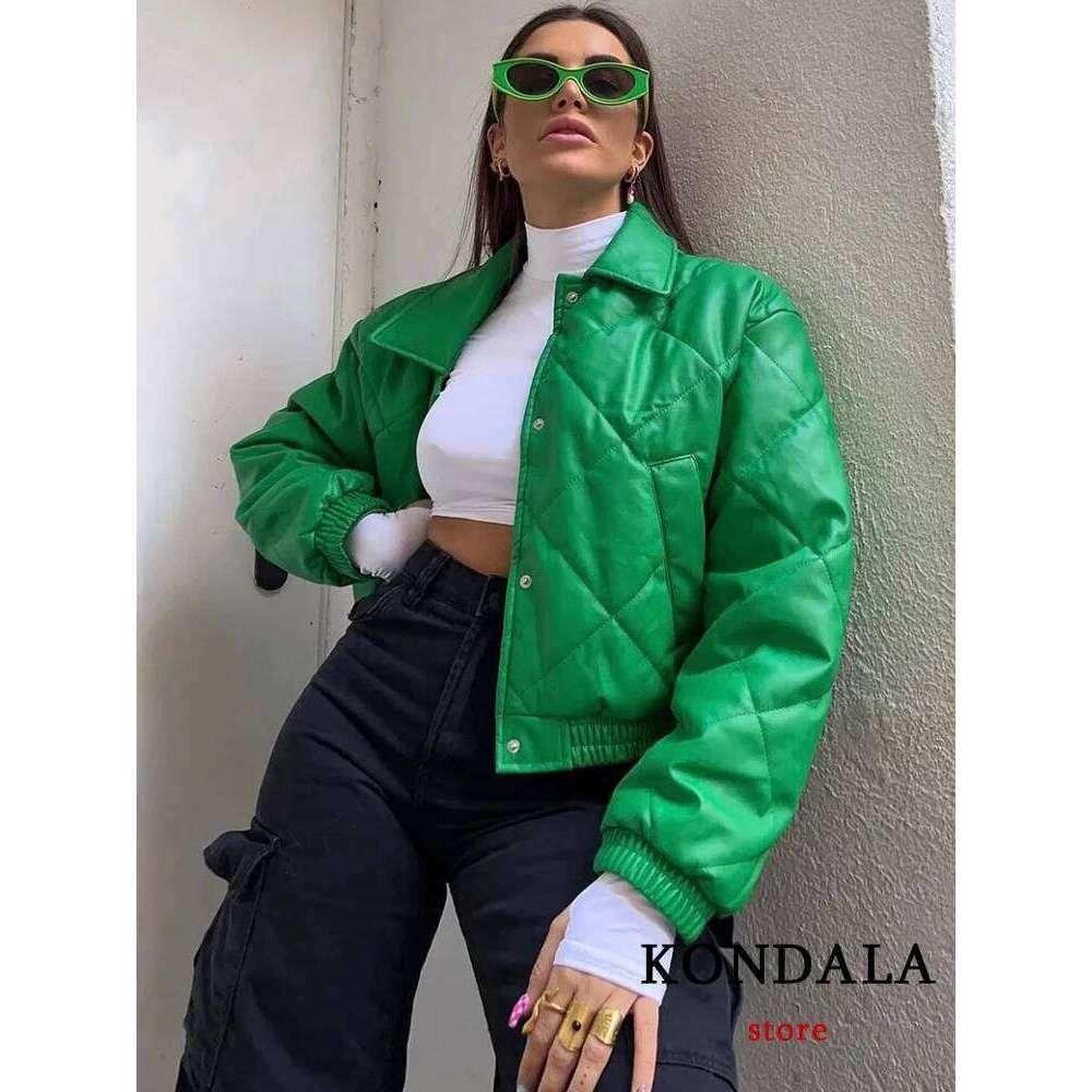 KONDALA Vintage Green Leather Loose Jackets Women Long Sleeve Single Buttons Turn Down Collar Coats Fashion 2022 Outwears
