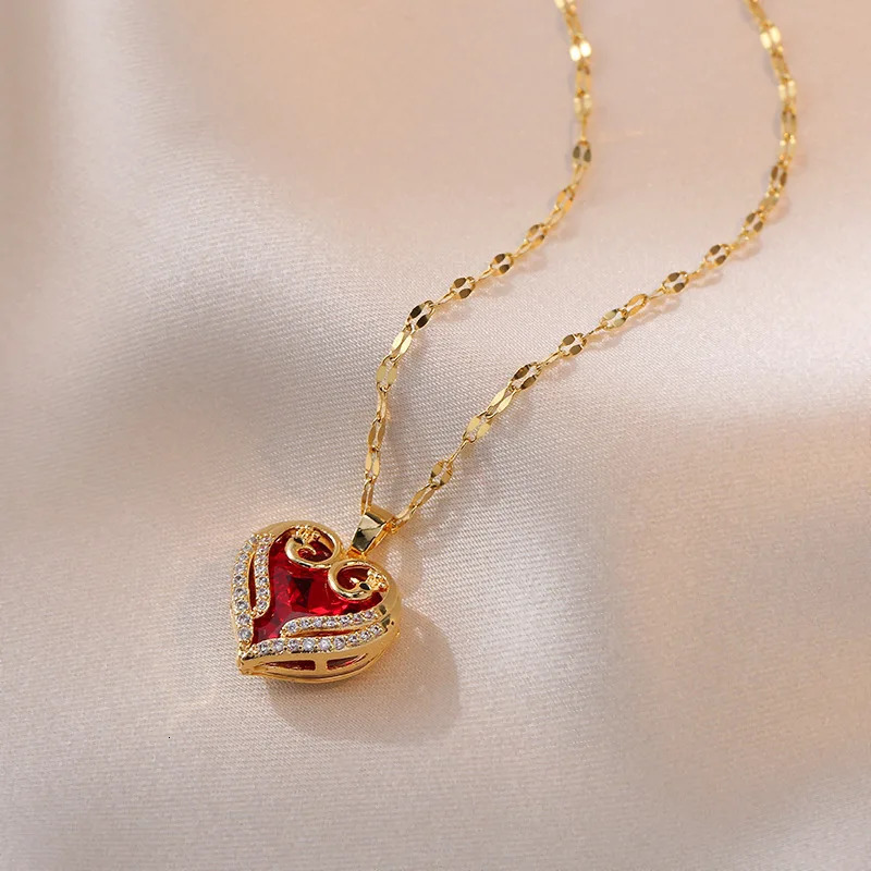 Colorful Zircon Love Heart Pendant Necklaces for Women Girls Stainless Steel Trendy Romantic Jewelry Accessories Gifts 250609