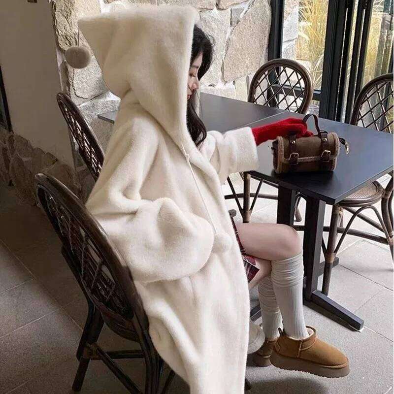 Fall Winter Hooded Mink Plush Jacket Women Overcoat Loose Long Wool Imitation Fur Eco-Friendly Thick Warm Parker Coat