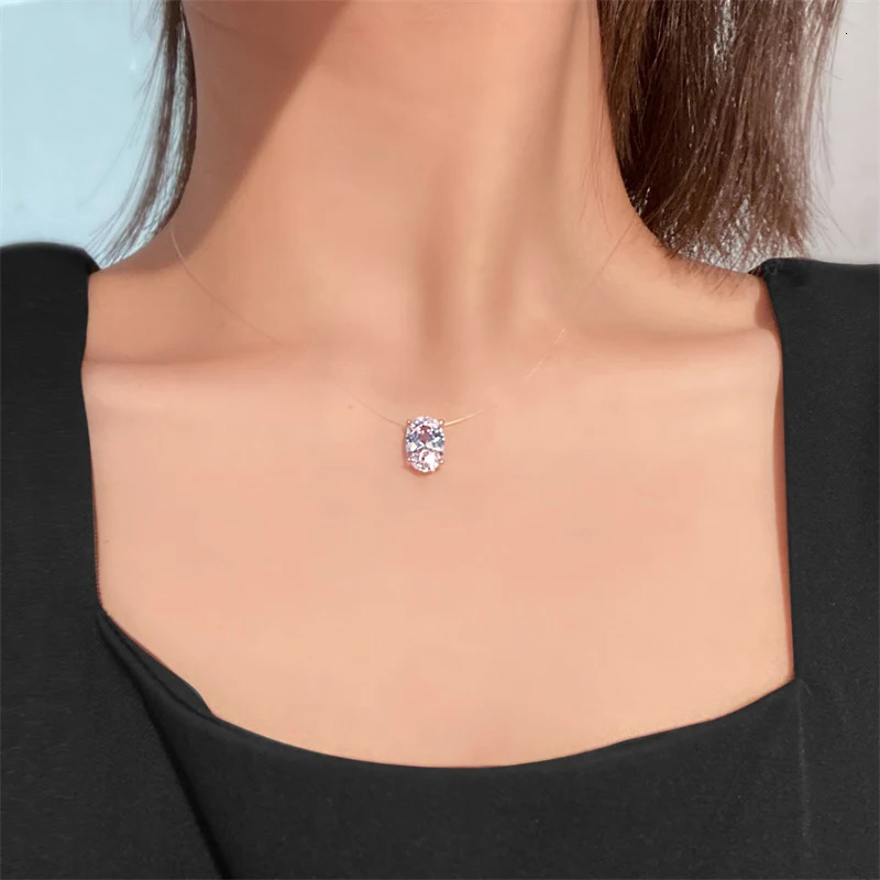 Transparent Chain Zircon Necklace Invisible Fishline Choker Women Oval Heart Square Star Water Drop Pendant Necklaces 250609