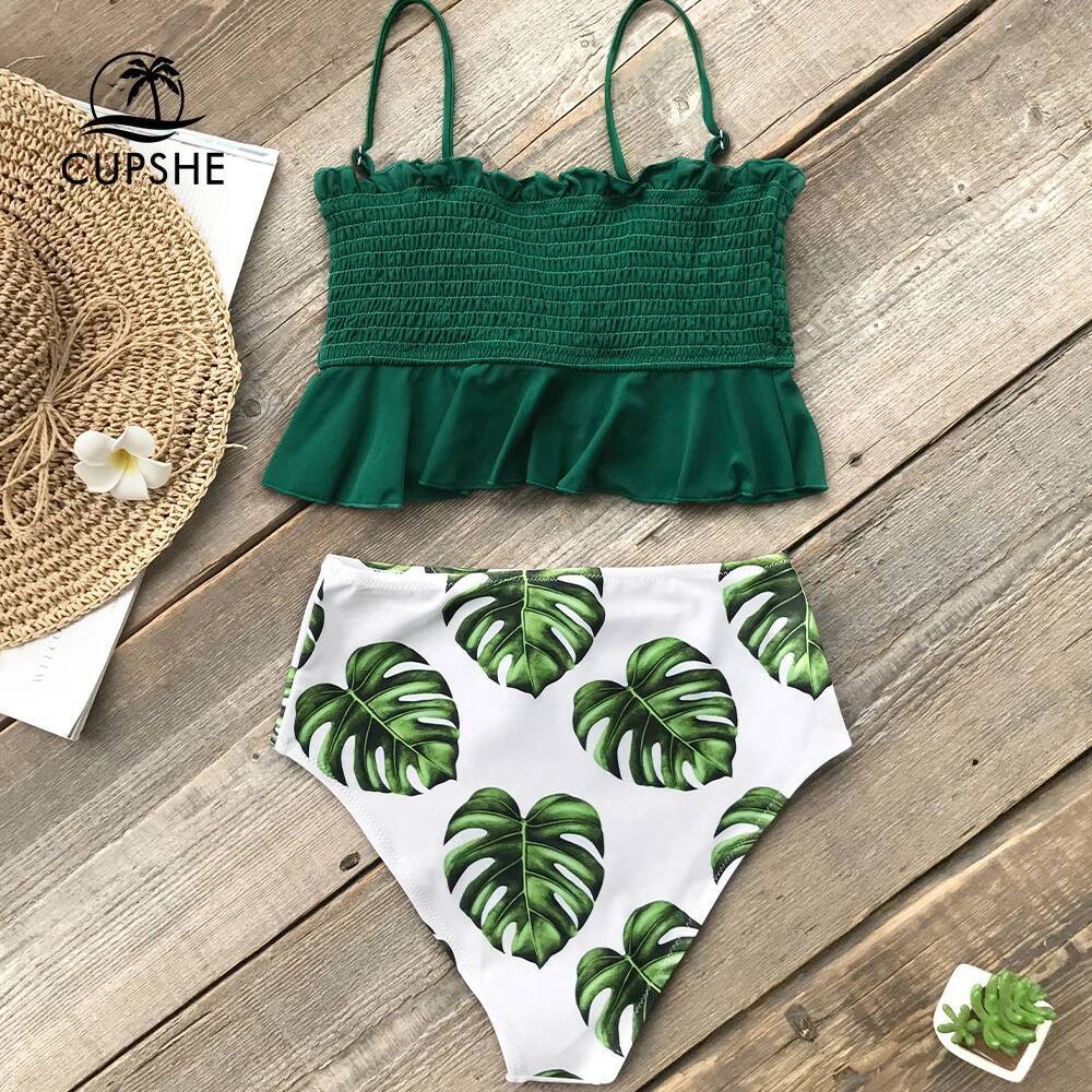 Cupshe Bandeau High Waist Tankini Swimsuit For Women Sexy Ruffled Tank Top Bikini Set Swimwear Bathing Suit Two Pieces