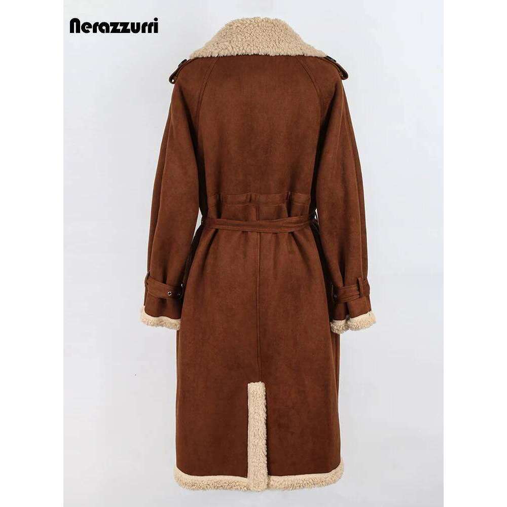 Nerazzurri Winter Long Brown Loose Stylish Cool Thickened Warm Soft Lamb Shearling Coat Women Faux Suede Sheepskin Overcoat 2022