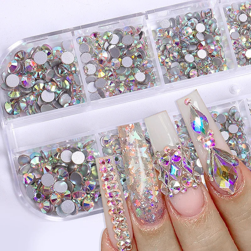 2400pcs Shiny Clear Crystal Gems Nail s 154mm Mixed Round Glass Stone Flatback Charms 12grids Diamond DIY 250606