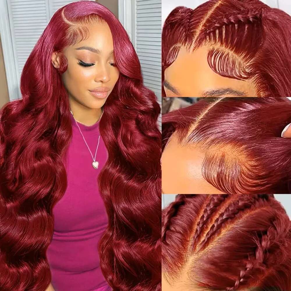 99J Bury Body Wave 13x4 Front Wig 13x6 100% Human Hair HD Transparent 40 Inch Lace Frontal Wigs Red Wine Brazilian 200%