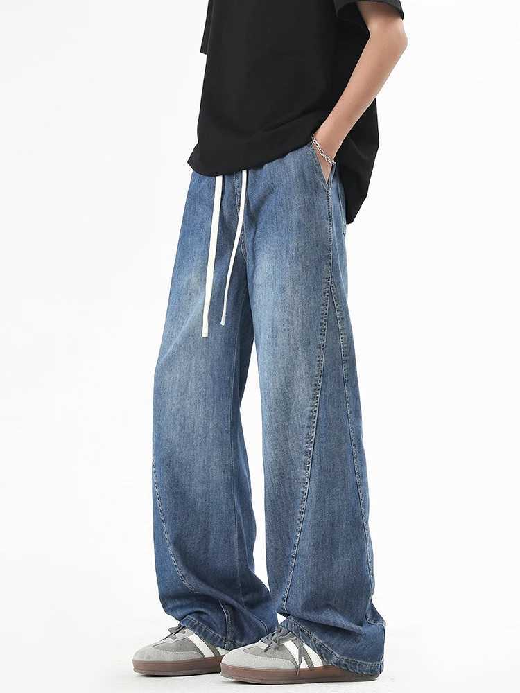 Summer Mens Lightweight Jeans Korean Fashion Breathable Cotton Drawstring Wide-Leg Baggy Denim Pants Straight Jeans Trousers M250610