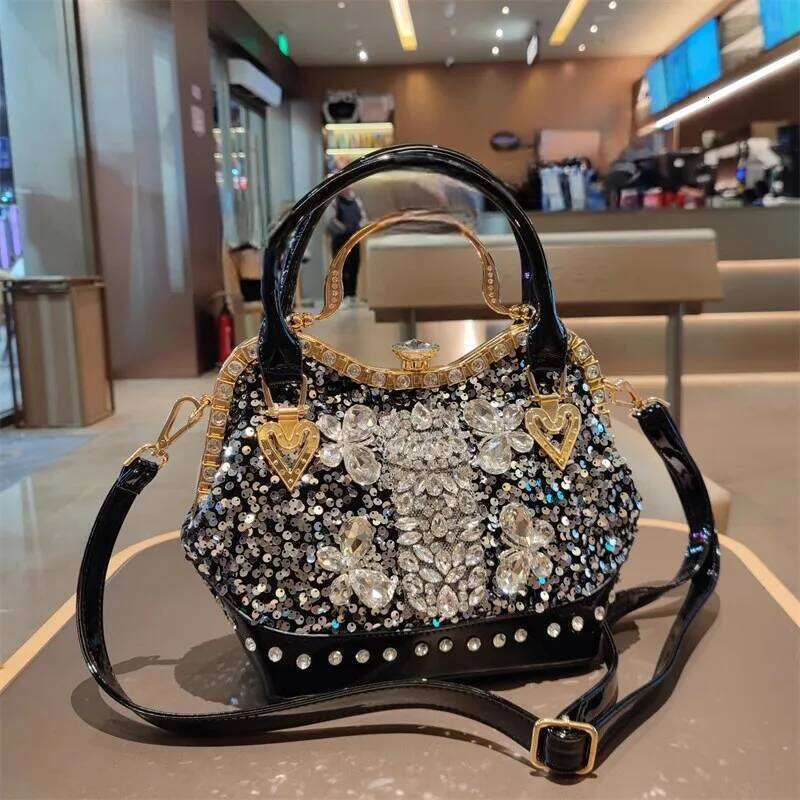 Designer Luxury Spring New Crystal Sequin Horizontal Large-Capacity Metal Button Handbag Banquet Dress One-Shoulder Cross-Body Women's Bag