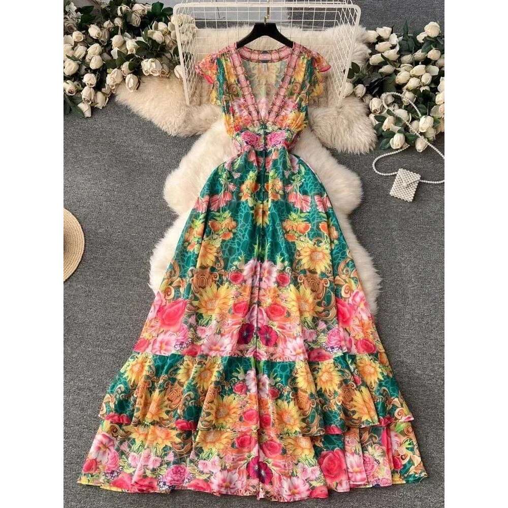 Summer Holiday Gorgeous Floral Retro Women Sleeveless Ruffles Flower Print Dress Female Bohemain Robe Festival Vestidos