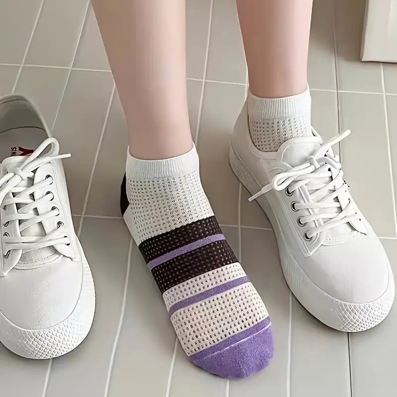 Elegant Striped Womens Ankle Socks with Breathable Mesh Lightweight Polyester Blend for All-Day Comfort