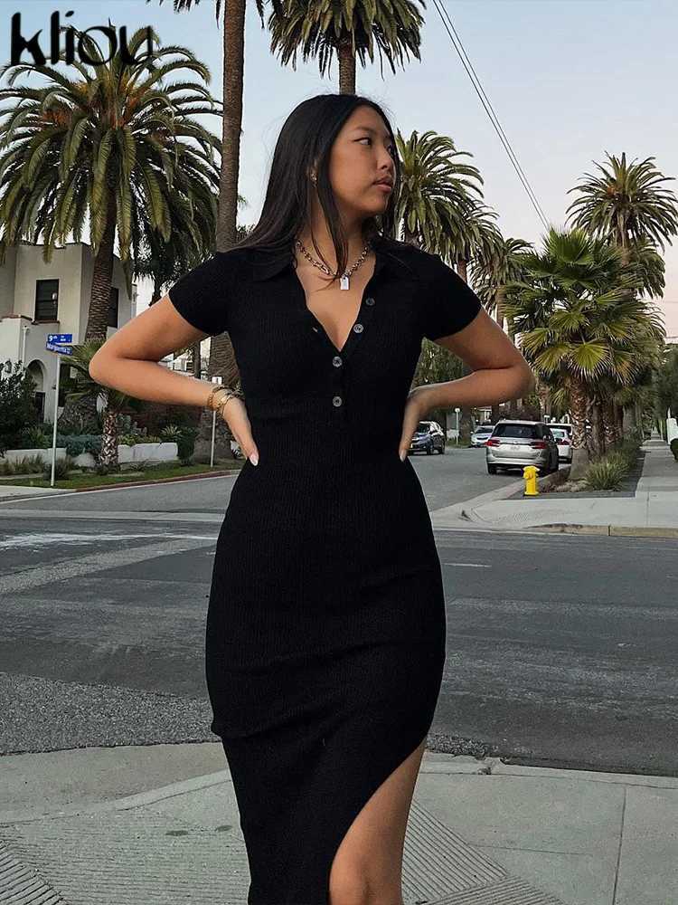 Kliou Elegant Office Lady Maxi Dress Women Solid Fashion Turn-down Collar Short Sleeve Button Side Slit Body-Shaping Street RobeXJ250610
