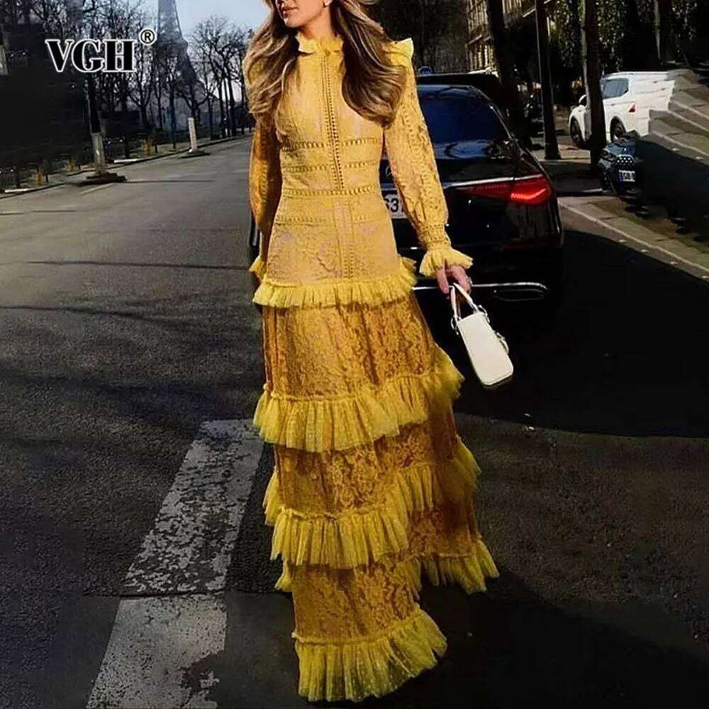 VGH Solid Patchwork Mesh Slimming Dress For Women Stand Collar Sleeve High Waist Minimalist Long Dresses Female Fashion New
