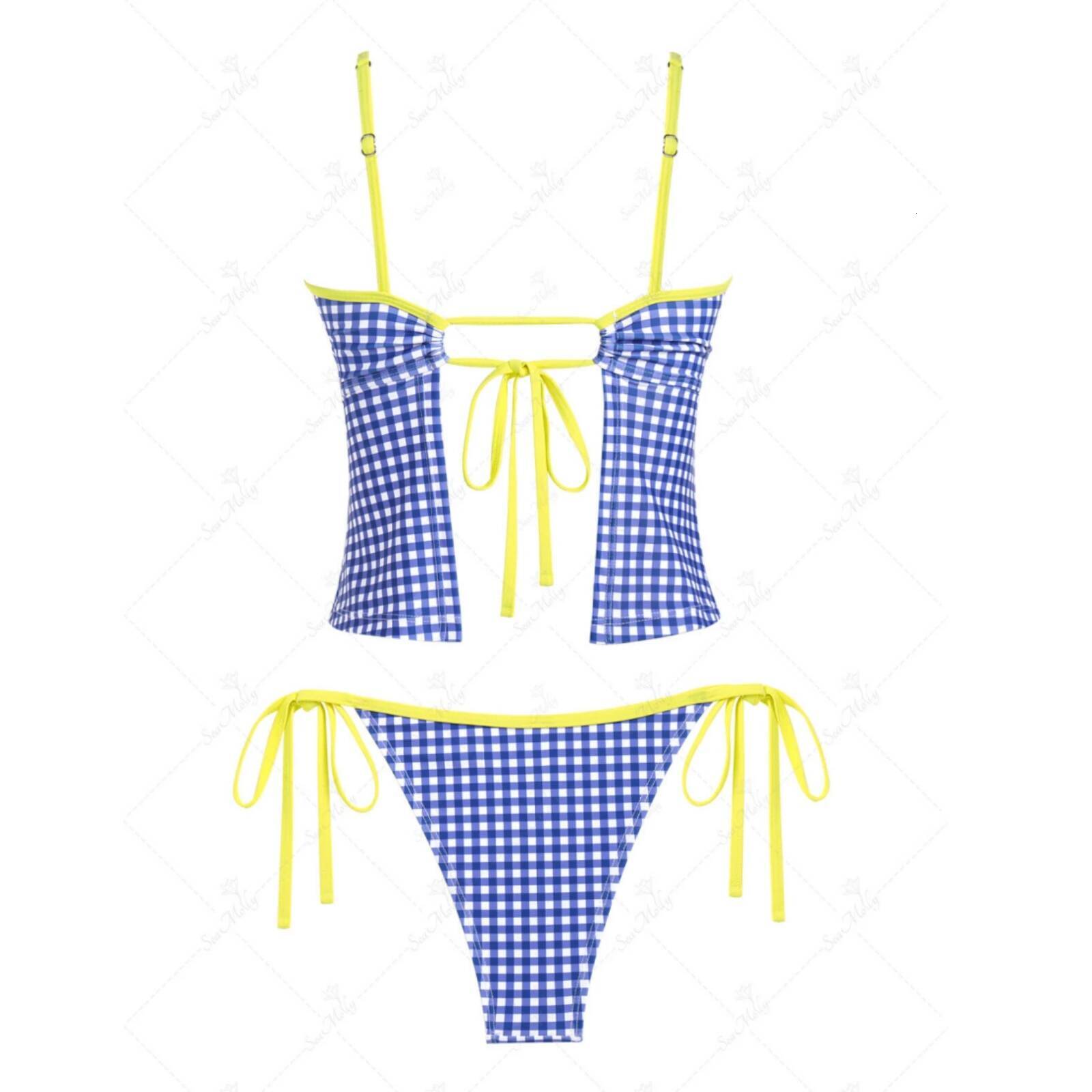 Yiiciovy Plaid Print Summer Swimming Women Bikini Set Spaghetti Strap Crop Tops Tie-up Low Rise Thongs Bathers Bathing Suit