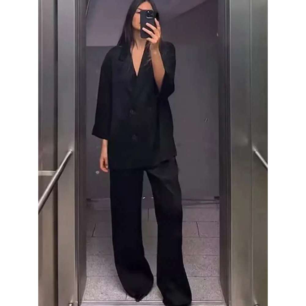 Commuter Suit 2-Piece Retro Wrinkle Effect Double-Breasted Blazer + High-Waisted Women's Casual Lace-Up Trousers