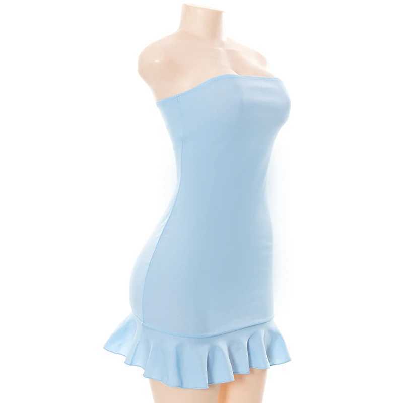 CUTENOVA Women Soft Tender Slight Blue Strapless Wrap Hipster Mini Pleated Dress Pullover Sexy Charm Outfits Girls Dating Wear XJ250610