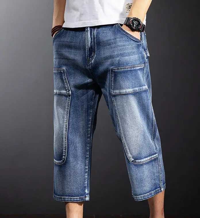 Mens Baggy Denim Shorts Fashion Streetwear Hip Hop Skateboard Cargo Hole Jeans Male Calf-Length Pants M250610