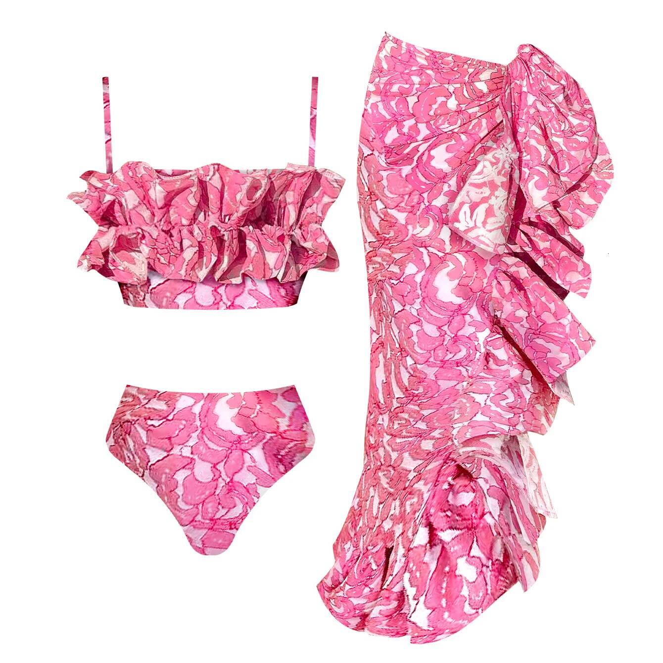 3Pieces Sexy Printed Bikinis With Cover Up Women Swimsuit 2025 Ruffle Swimwear Female High Waist Swim Suits Bodysuit Beachwear