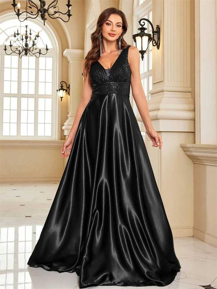 Elegant Sequins Evening Dress For Women 2024 Deep V-neck Satin Prom Party Green Dress Floor Length Blue Formal Gowns XJ250610