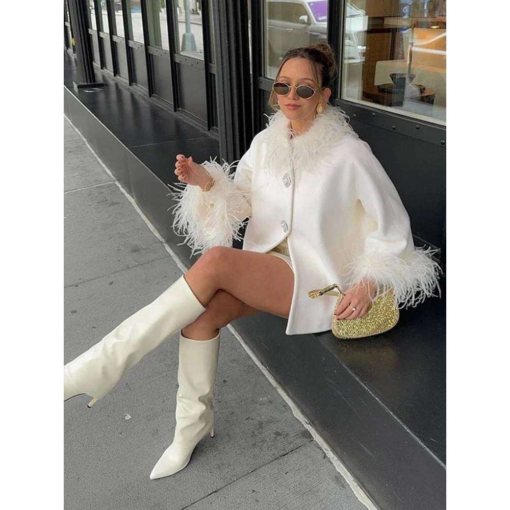 Elegant Feather Collar Cape Coats For Women Casual Solid Single Breasted Jackets Lady Autumn Chic Loose High Street Outwear Tops