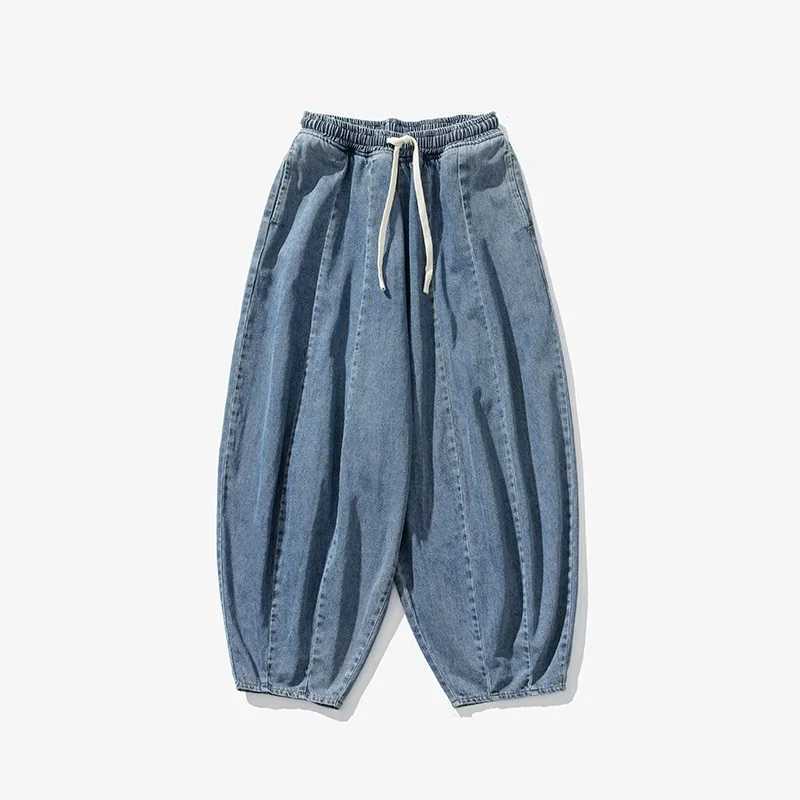 Vintage Loose Harem Pants Men Hip Hop Denim Wide Leg Pants Mens Solid Color Straight Streetwear Jeans Elastic Waist Trousers Man M250610