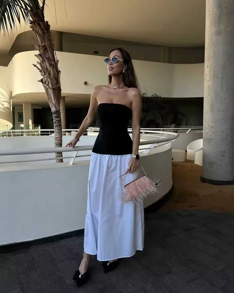 TRAF 2025 Womens Spring collection Elegant fashion party dress color contrast patchwork sexy strapless dressXJ250610