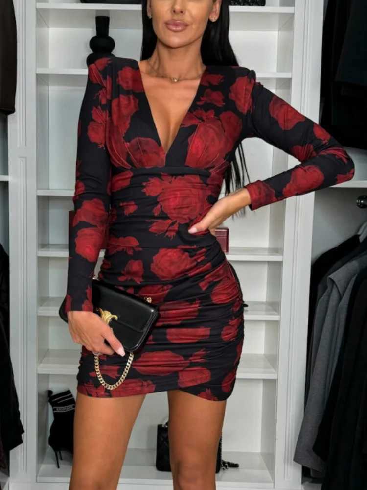 2025 Long Sleeve Elegant V-neck Sexy Party Mini Dress Women Fashion Sheath Print Autumn Evening Dresses XJ250610