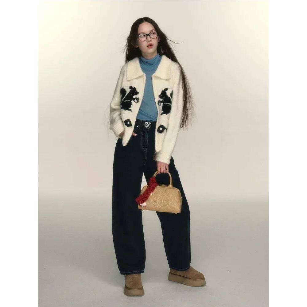 ADAgirl Kawaii Squirrel Graphic Women Cardigan Oversized Sweater Zipper Long Sleeve Knitwear Cutecore Christmas Winter Clothes