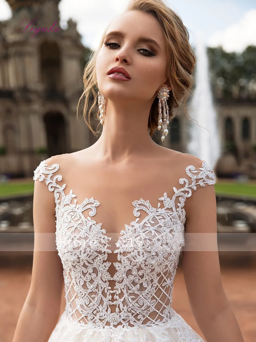 Sheer Cap Sleeves Lace A Line Wedding Dresses Mesh Top Applique Open Back Bridal Wedding Gowns robes de mariee