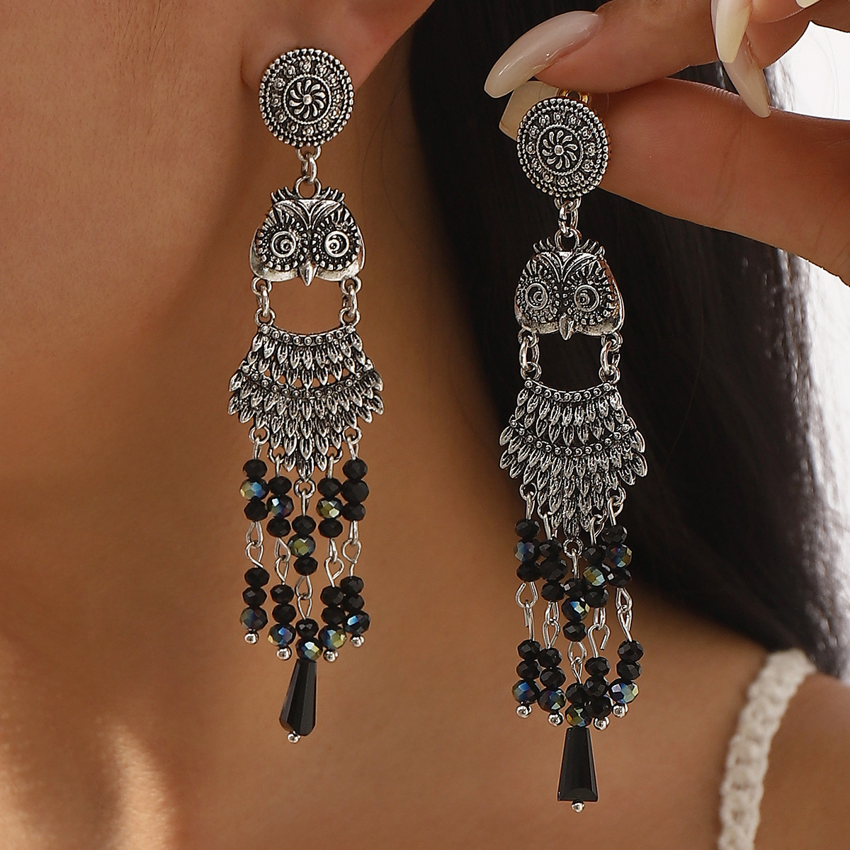 Vintage Ethnic Inspired Owl Tassel Earrings Bohemian Style Statement Jewelry with Retro Sophistication